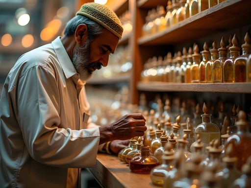 Traditional perfumer creating custom scent in Medina's perfume souk