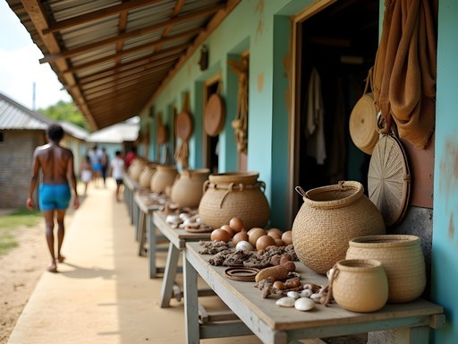 Authentic Nauruan crafts displayed at Meneng Community Center including woven baskets and shell jewelry