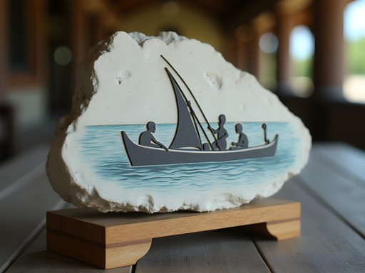 Detailed phosphate rock art carving depicting traditional Nauruan fishing scene created by local Meneng artist