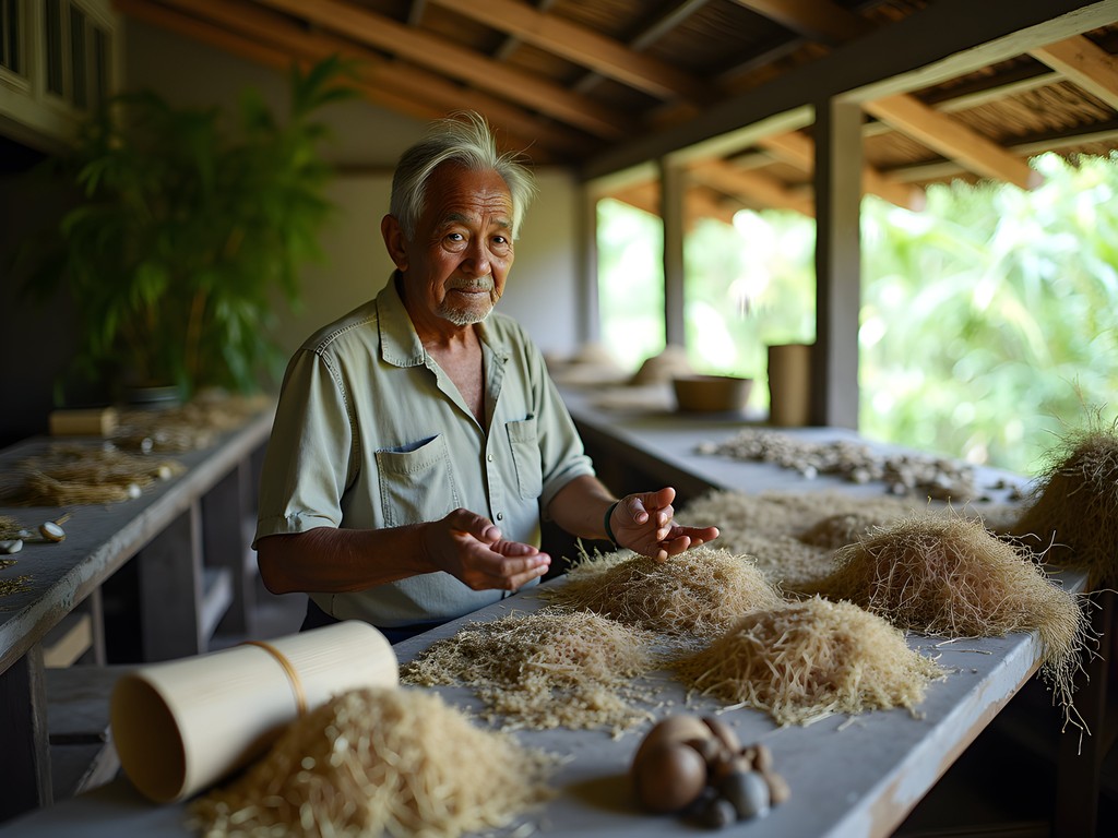 Pilot Dennis Gutierrez examining sustainable crafts with local Nauruan artisan in Meneng District workshop