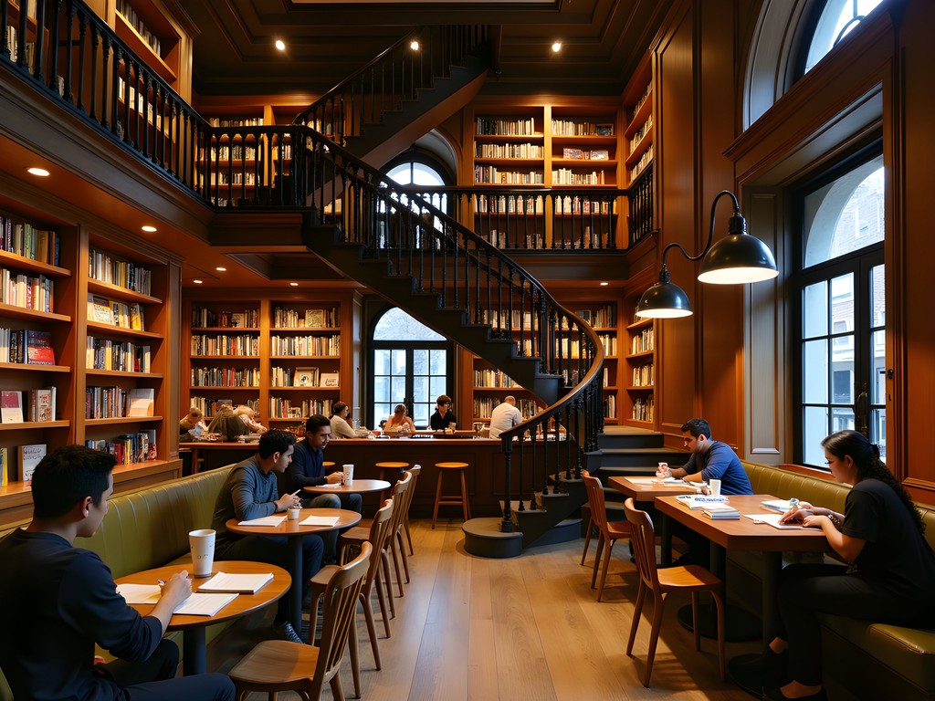 Elegant interior of Cafebrería El Péndulo bookstore cafe in Mexico City with wooden shelves and spiral staircase