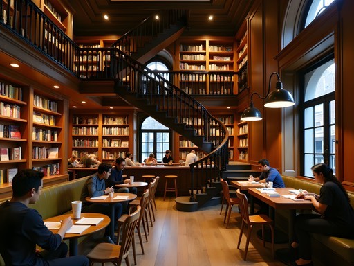 Elegant interior of Cafebrería El Péndulo bookstore cafe in Mexico City with wooden shelves and spiral staircase