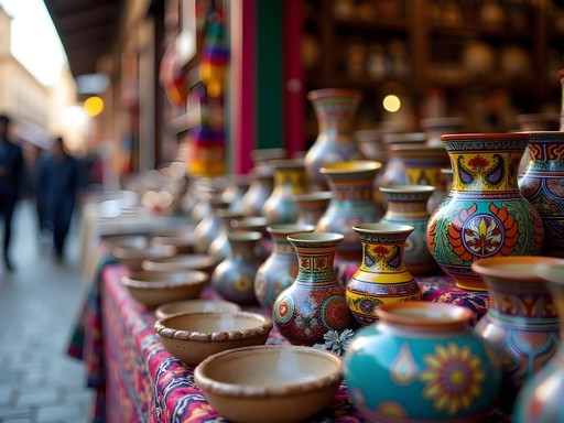 Colorful traditional Mexican crafts display at La Ciudadela market in Mexico City