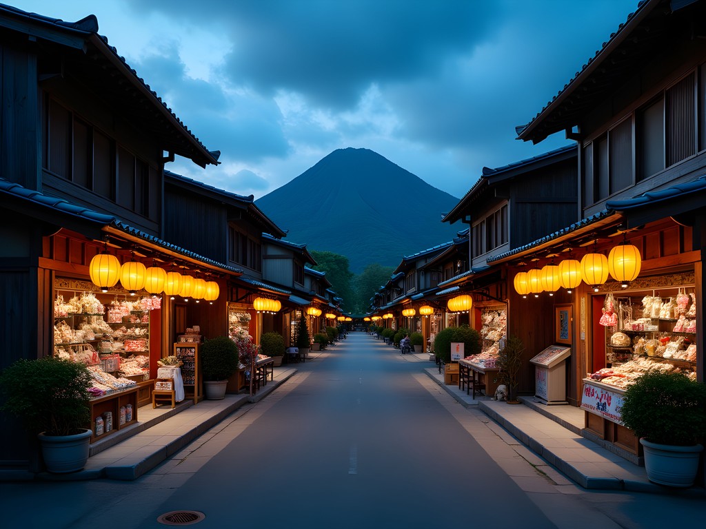 Traditional Japanese storefronts illuminated by paper lanterns on Miyajima island at dusk with Mount Misen in background