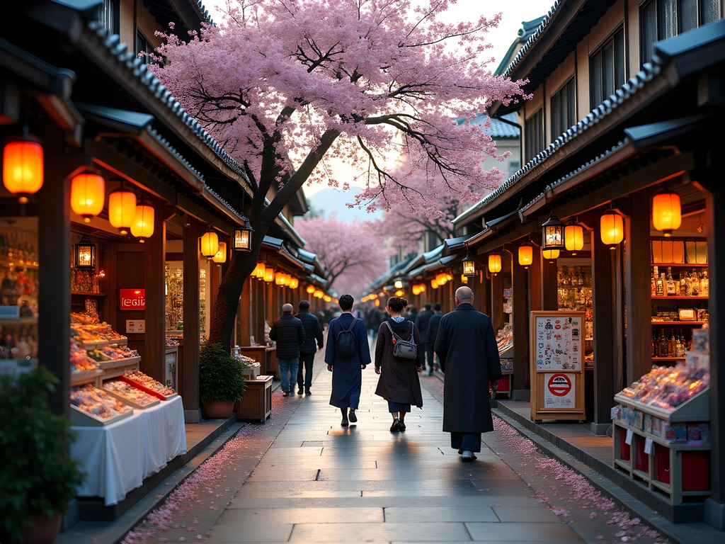 Traditional wooden shops along Miyajima's bustling Omotesando shopping street with lanterns and Japanese signage