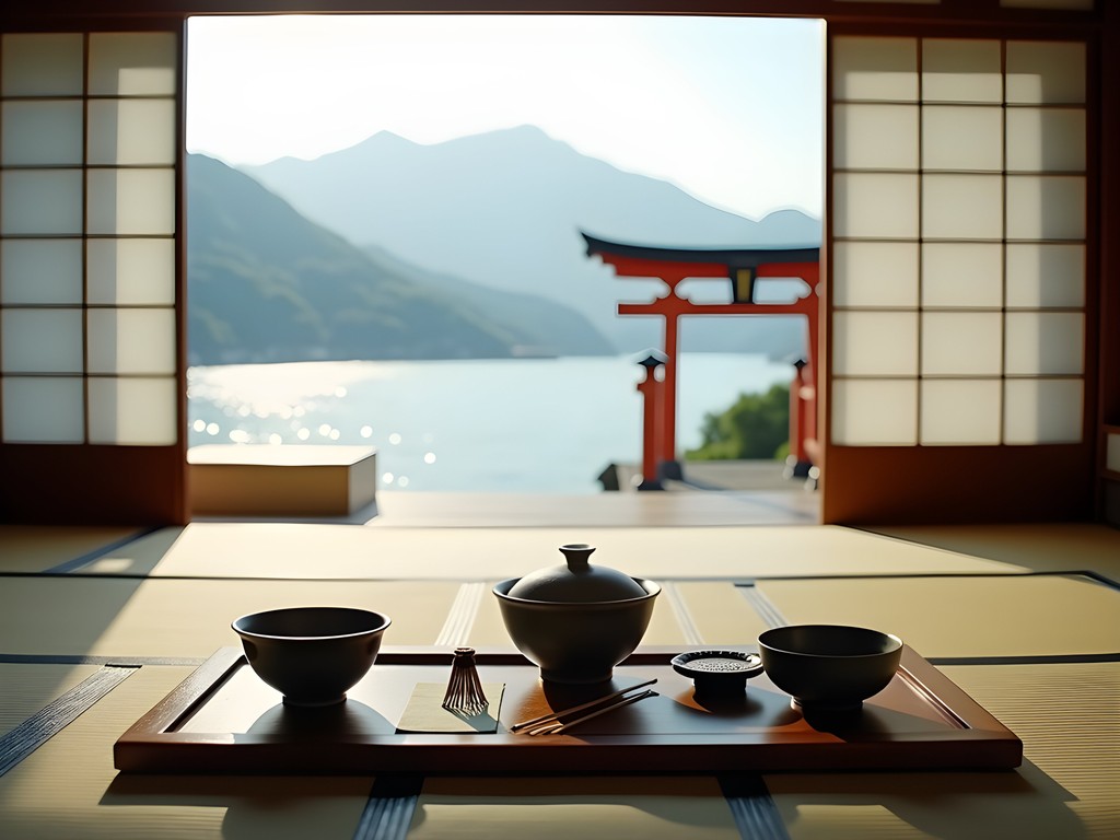 Traditional Japanese tea ceremony with handcrafted ceramics in a tatami room overlooking Miyajima's bay