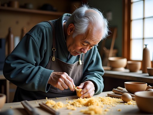 Master woodcarver creating traditional shamoji rice scoops in a Miyajima workshop surrounded by wood shavings and tools