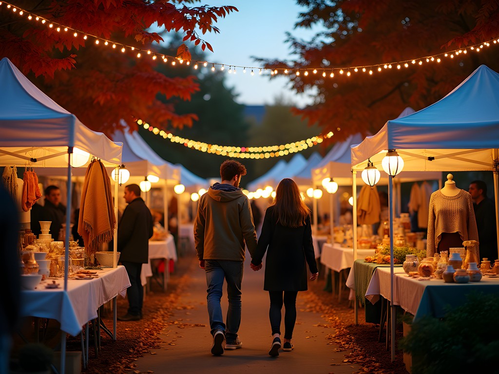 Evening craft market in Montpelier park with lanterns and fall colors