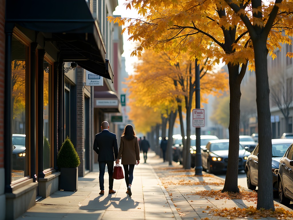 Tree-lined Laurier Avenue West in Montreal during fall with boutique storefronts and autumn leaves