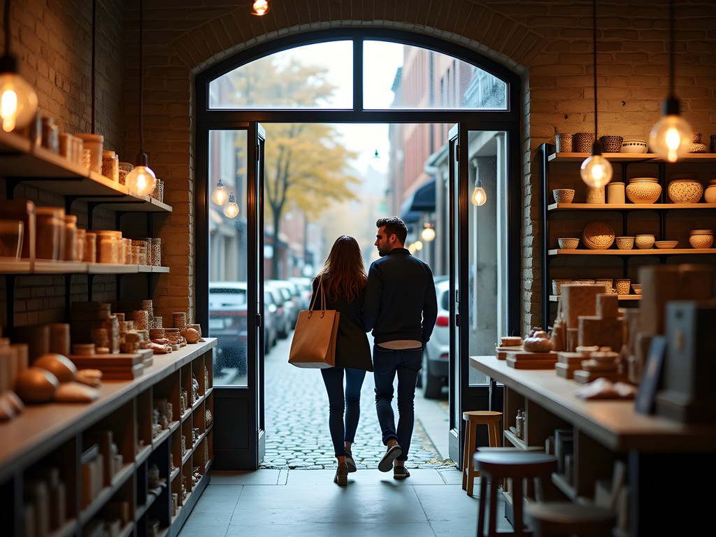 Couple shopping in a charming artisanal boutique on cobblestone street in Old Montreal during fall
