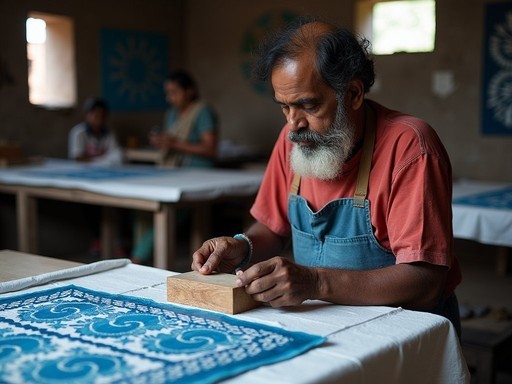 Artisan demonstrating traditional block printing technique on cotton fabric in Dharavi workshop