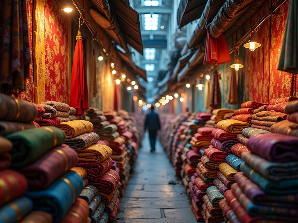 Colorful silk fabrics displayed in Mangaldas Market with vendors showing textiles to customers