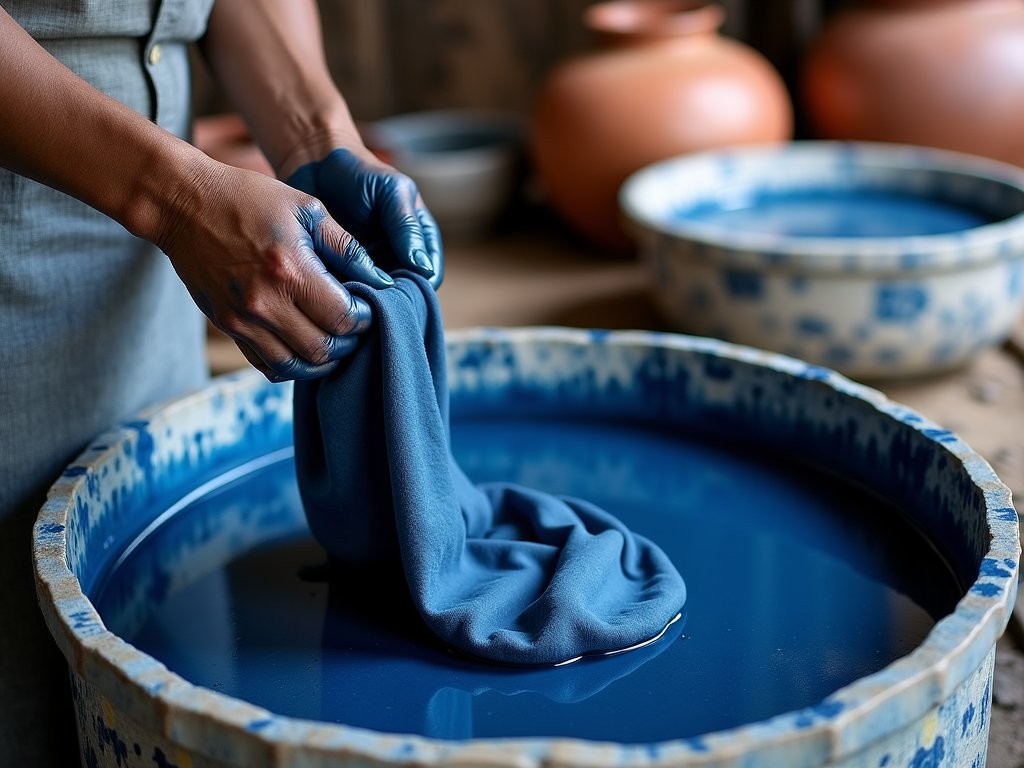 Natural indigo dyeing demonstration in Bhor village showing blue-stained hands working with fabric