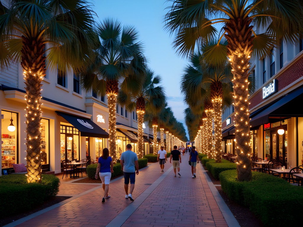 Tree-lined shopping street at The Market Common in Myrtle Beach
