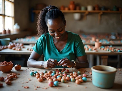 Female artisan hand-crafting ceramic beads at Kazuri Beads workshop in Nairobi
