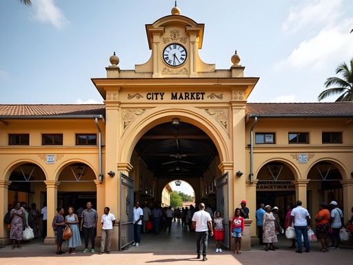 Historic colonial-era entrance to Nairobi City Market with its distinctive clock tower