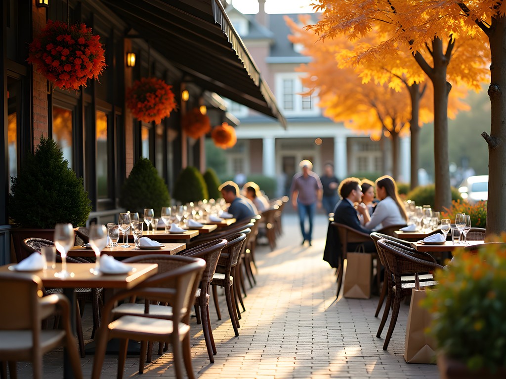 Outdoor dining area at a Naperville restaurant with autumn decorations and shopping bags at tables