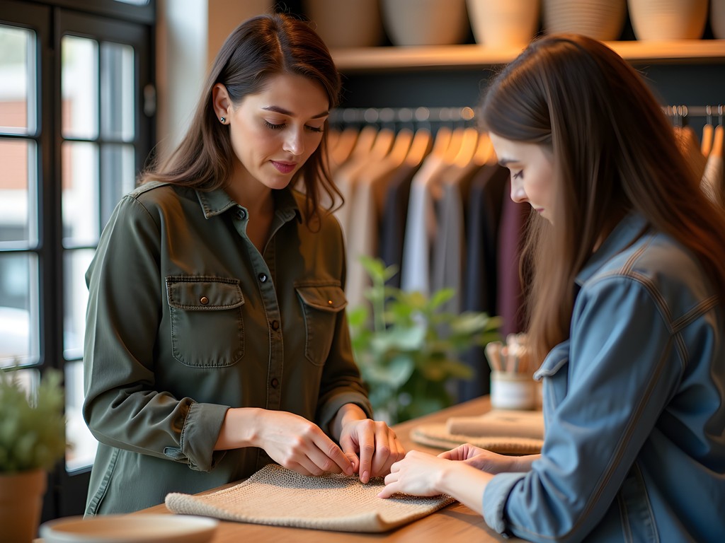 Woman examining handcrafted goods with mindful attention in a Naperville boutique