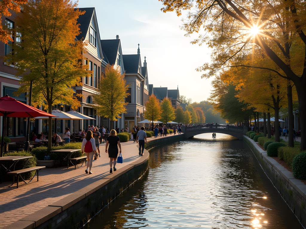 Scenic Naperville Riverwalk with shops and cafes alongside the DuPage River