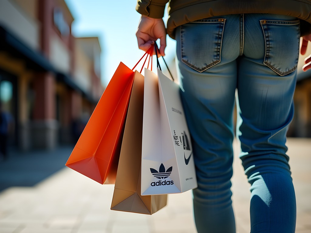 Shopper with multiple premium outlet shopping bags at Merrimack Premium Outlets