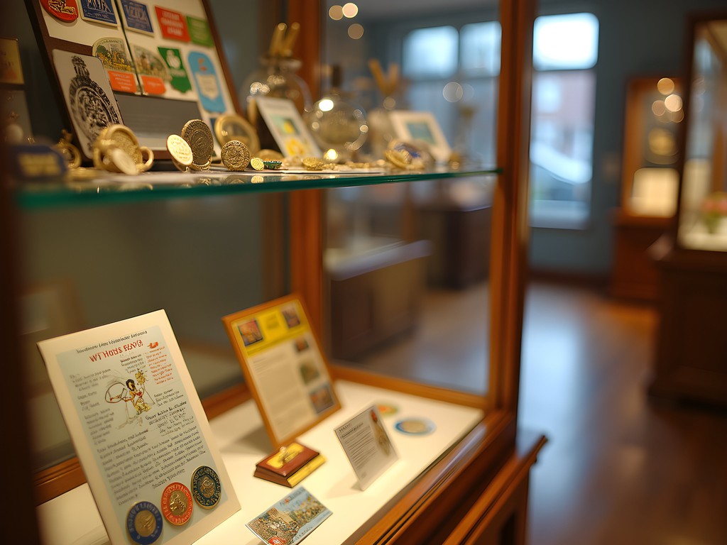 Display case of vintage Olympic memorabilia and collectibles at Nashua Antique Emporium