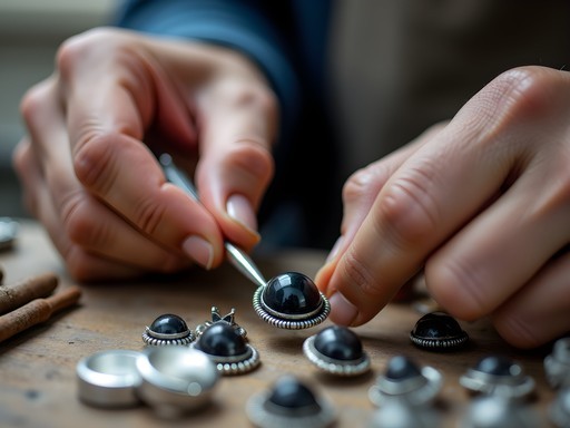 Artisan creating silver and emery jewelry in traditional workshop in Naxos