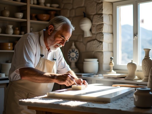 Traditional marble workshop in Kinidaros village with artisan carving white Naxian marble