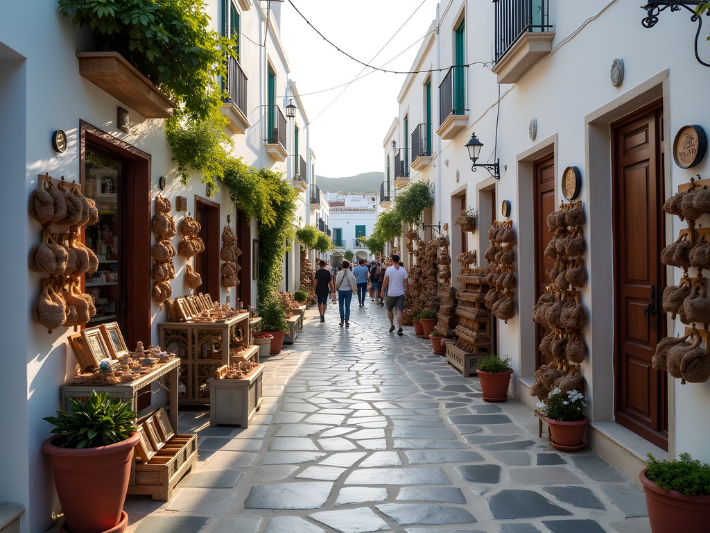 Narrow cobblestone streets of Naxos Old Market lined with artisan shops