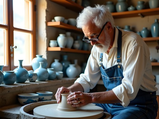 Traditional pottery workshop in Naxos with artisan creating blue and white ceramics