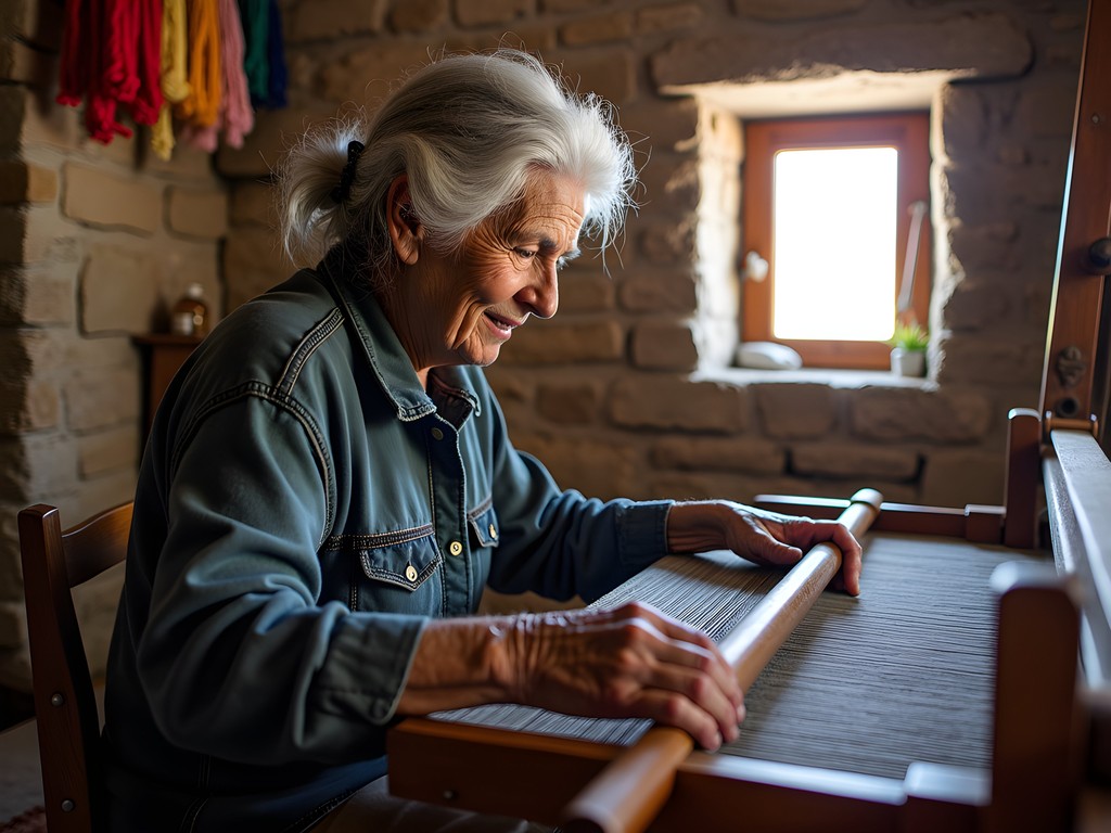 Elderly Greek woman demonstrating traditional weaving techniques on wooden loom in Naxos mountain village