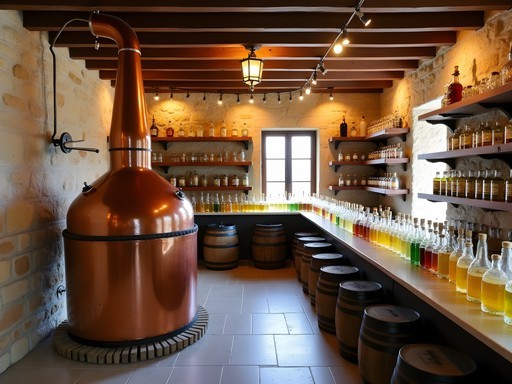 Historic Vallindras Kitron Distillery in Halki village with traditional copper stills and bottles of yellow Kitron liqueur
