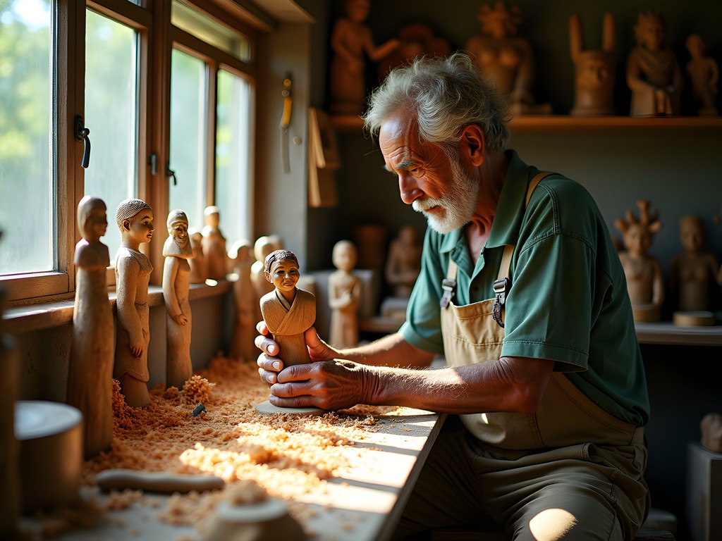 Local Jamaican artisan carving wood in traditional workshop in Negril