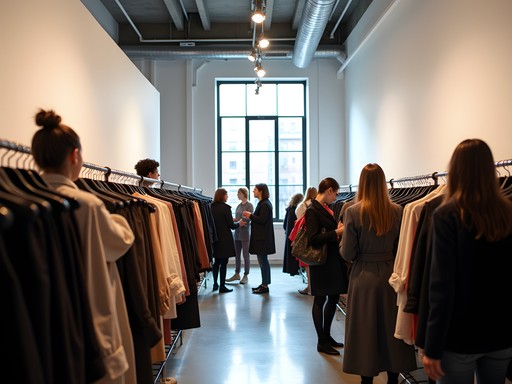 Exclusive designer sample sale in New York with shoppers examining luxury merchandise