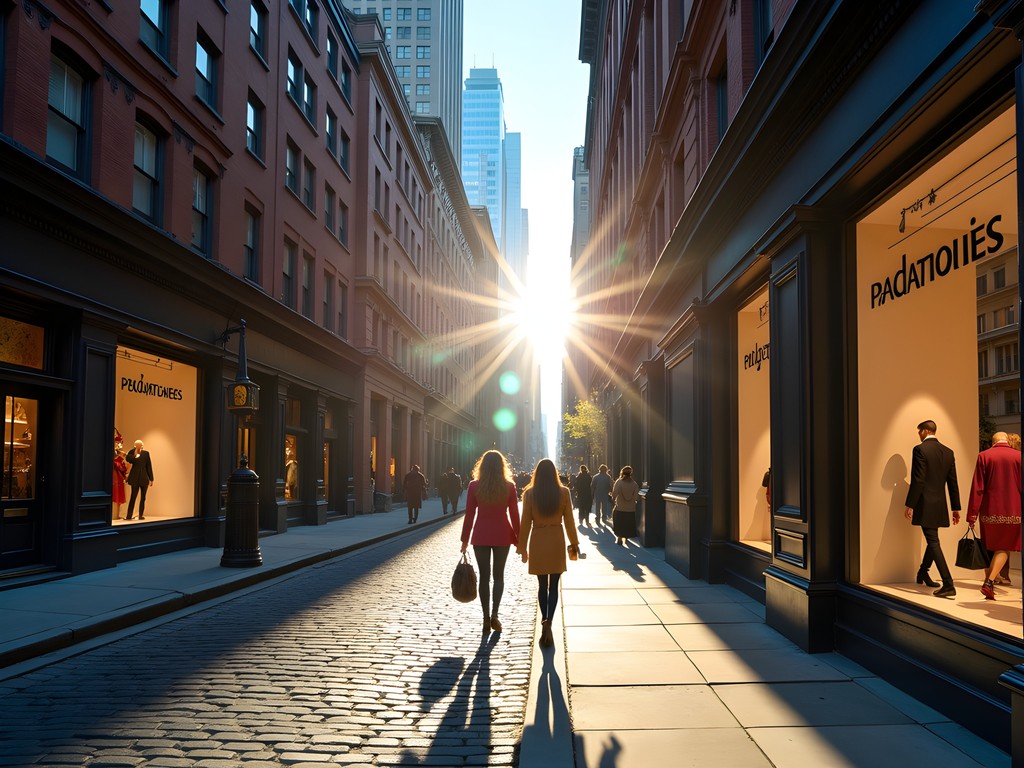 Cobblestone street in SoHo with luxury boutiques and shoppers