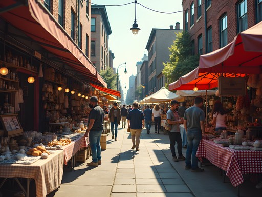 Vibrant scene at the Halsey Street Makers Market with local vendors and shoppers