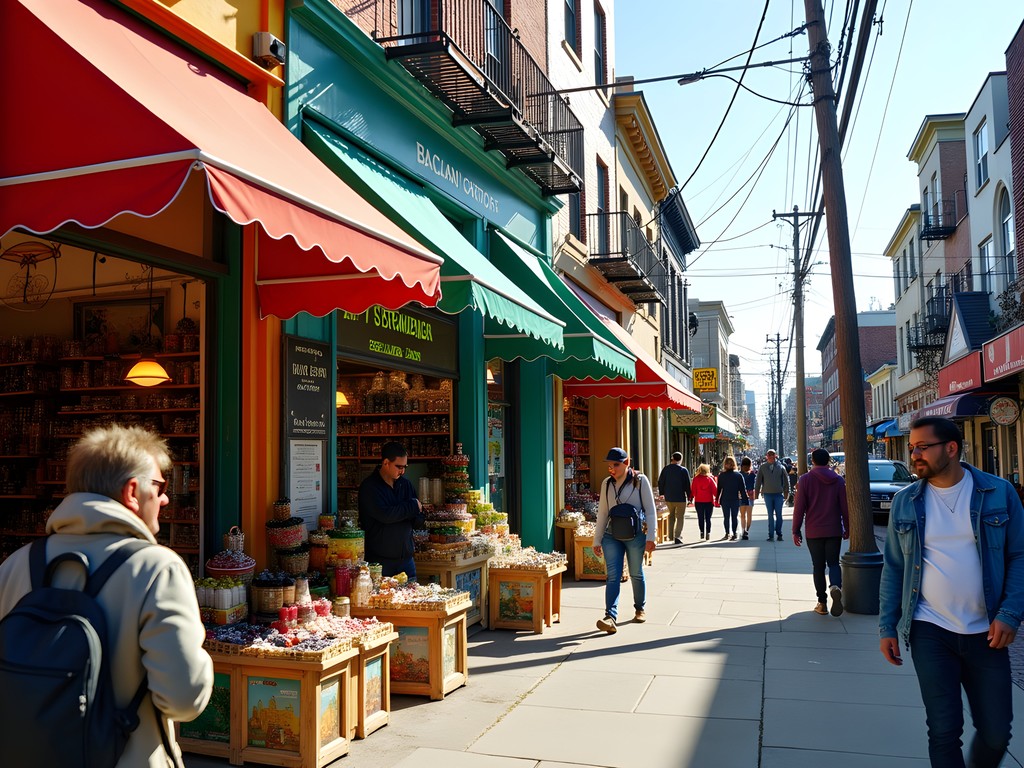 Colorful storefronts and vibrant street scene in Newark's Ironbound district