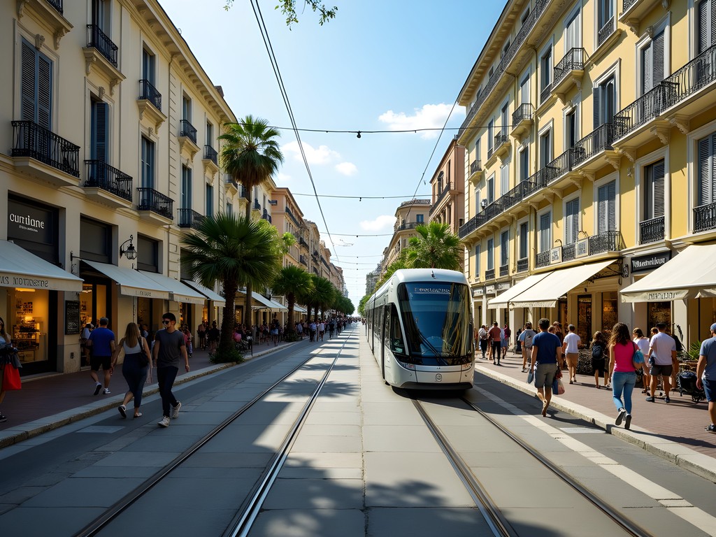 Avenue Jean Médecin in Nice with pedestrians shopping along the wide boulevard with tramway