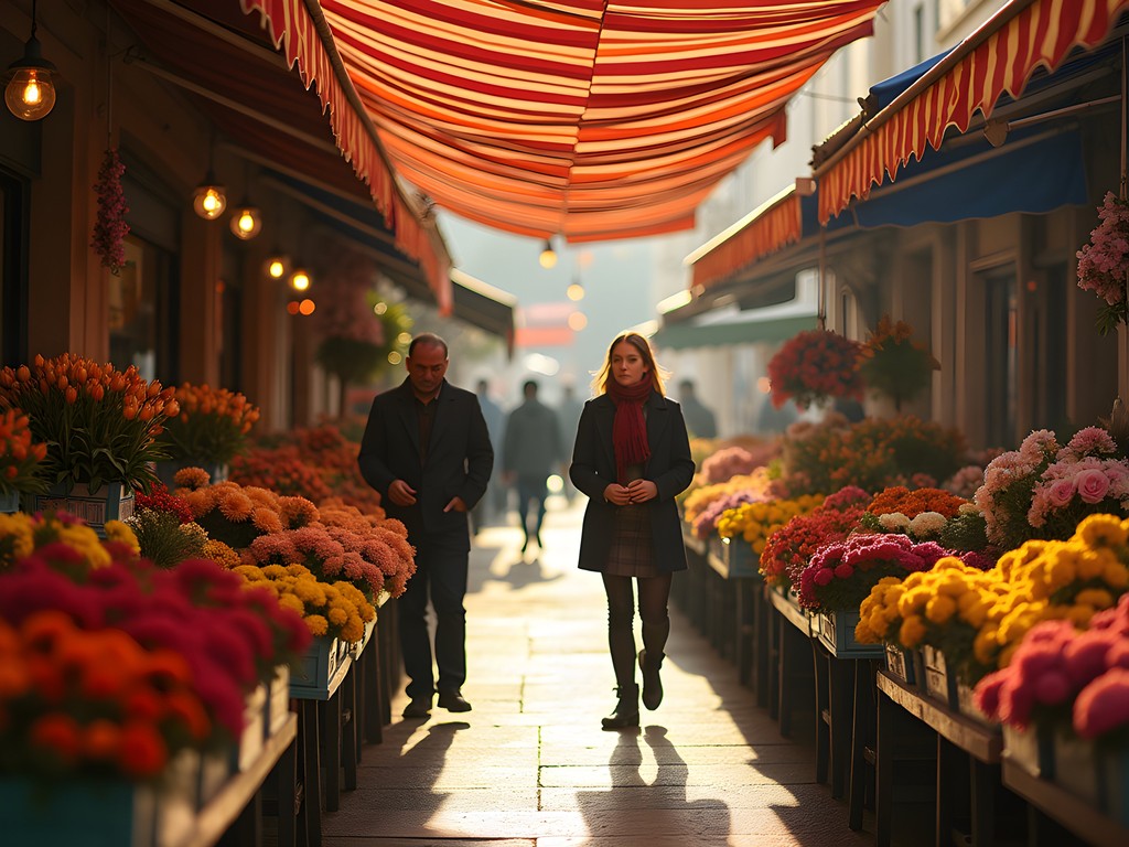 Early morning at Cours Saleya market in Nice with colorful produce stalls and flower vendors