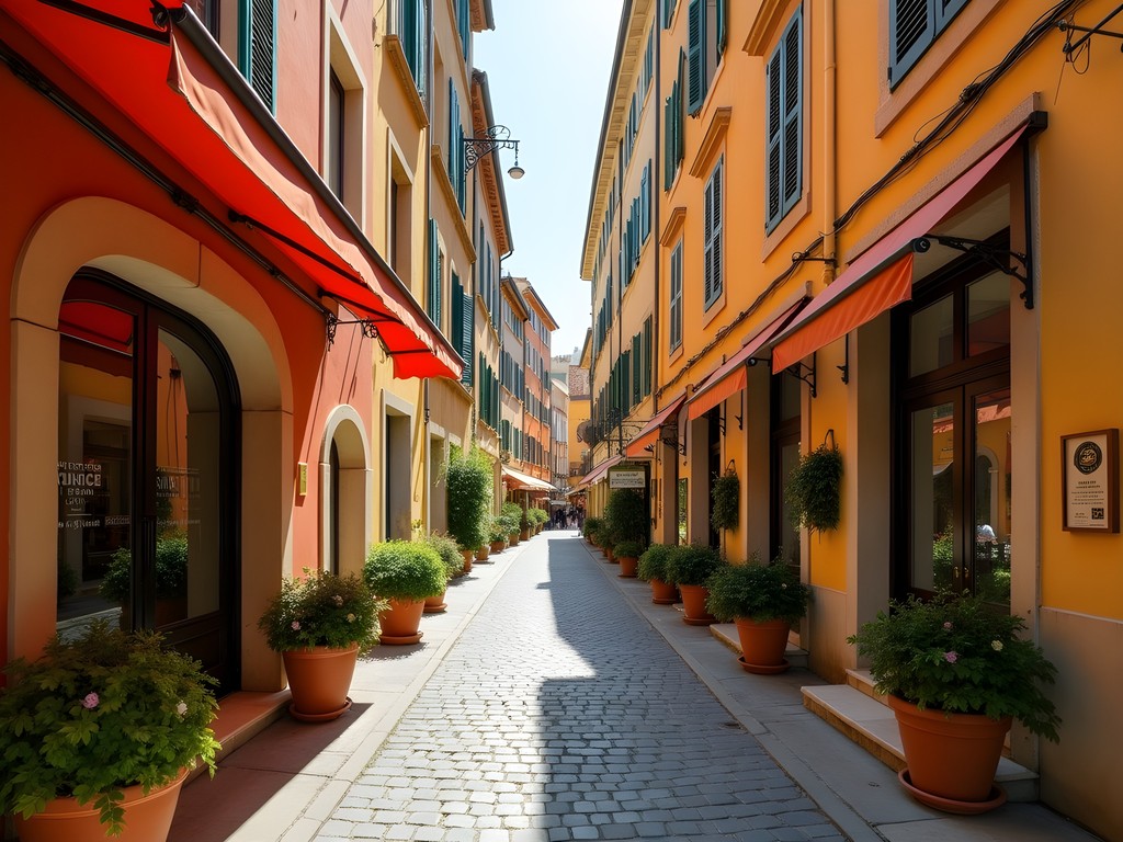 Narrow shopping street in Nice's Old Town with colorful buildings and small boutiques