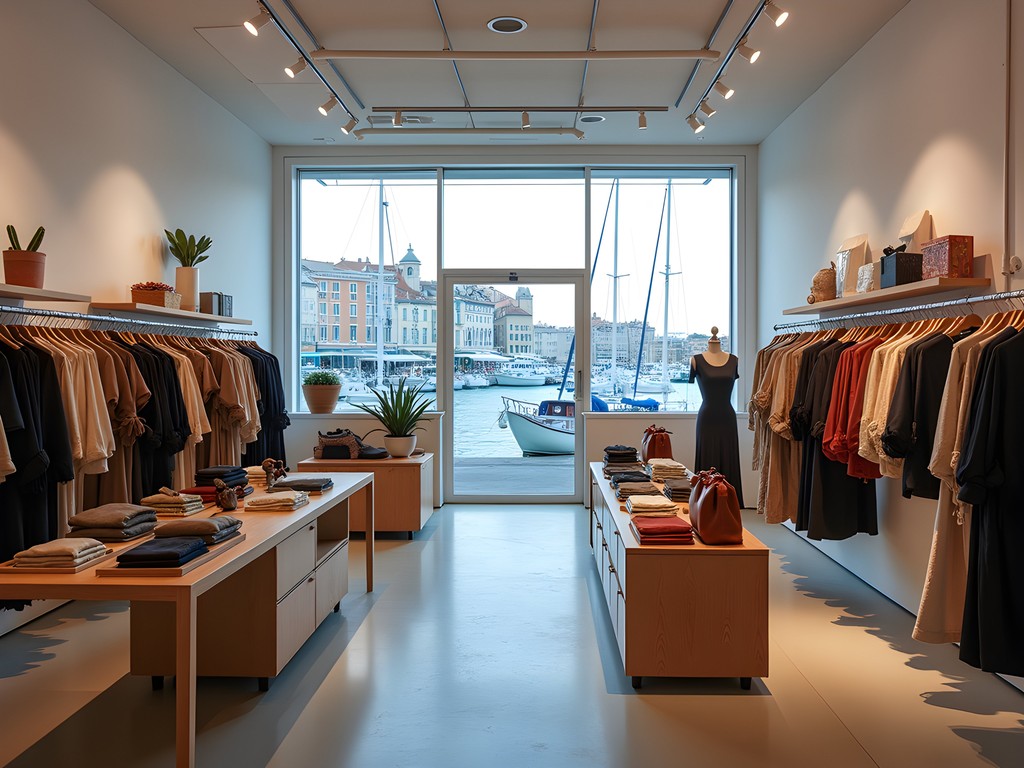 Stylish concept store in Port Lympia district of Nice with colorful port buildings visible through windows