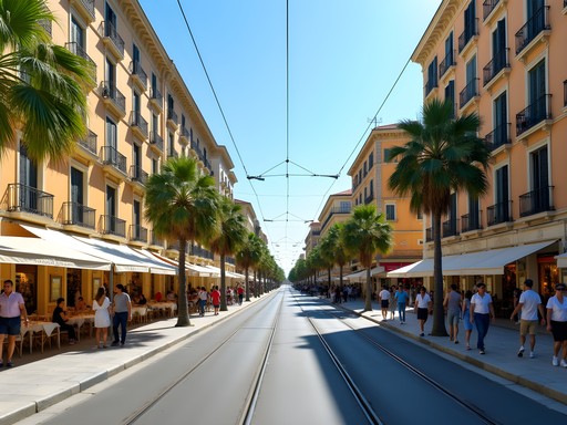 Elegant Avenue Jean Médecin shopping district in Nice with tram and boutiques