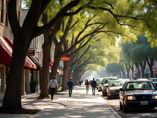 Tree-lined Piedmont Avenue in Oakland with independent shops and pedestrians