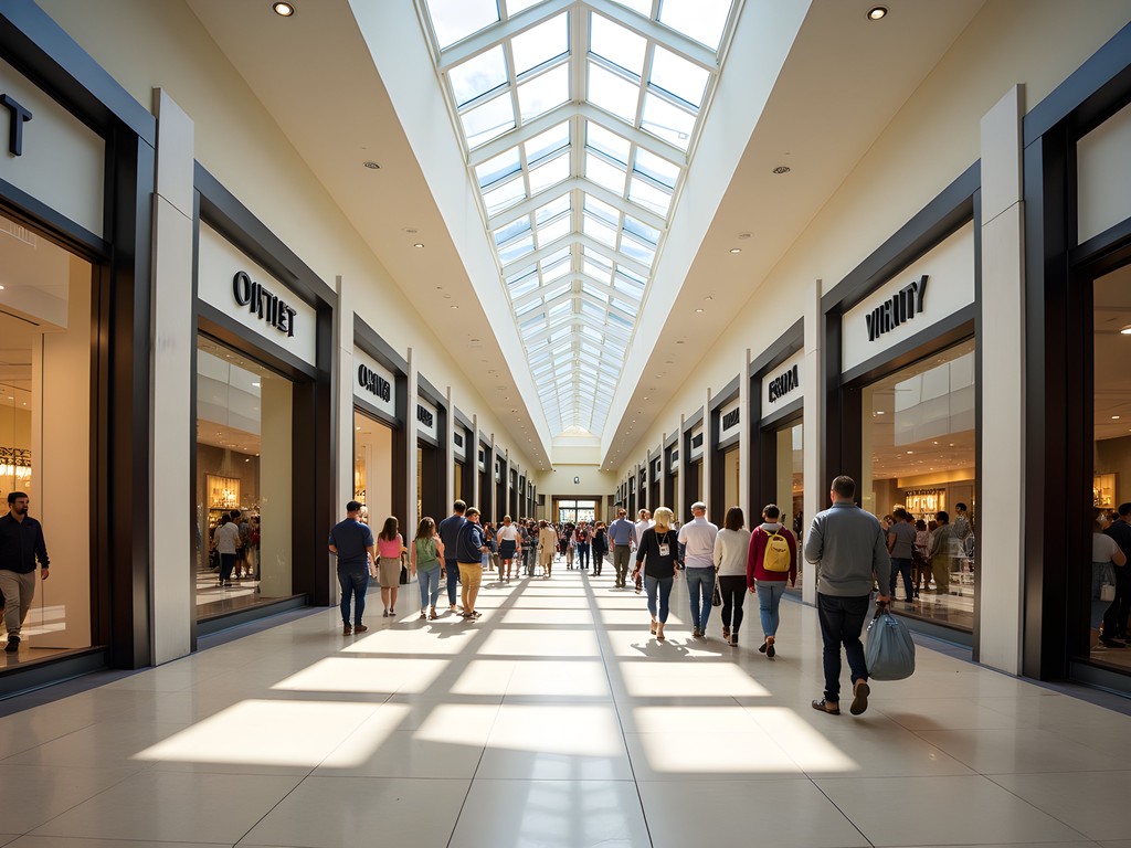 Interior view of Great Plains Outlet Mall showing organized store layouts and wide corridors