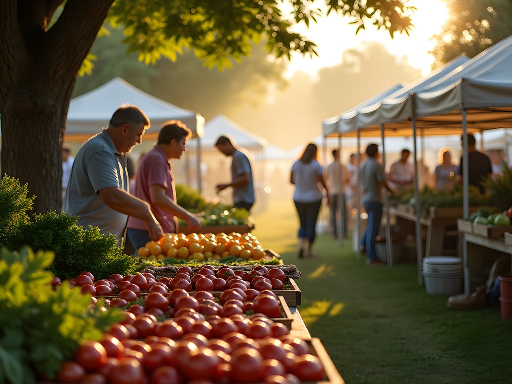 Early morning at Olathe Farmers' Market with vendors arranging colorful produce displays