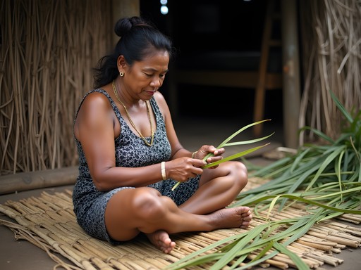 Samoan artisan demonstrating traditional pandanus leaf weaving technique