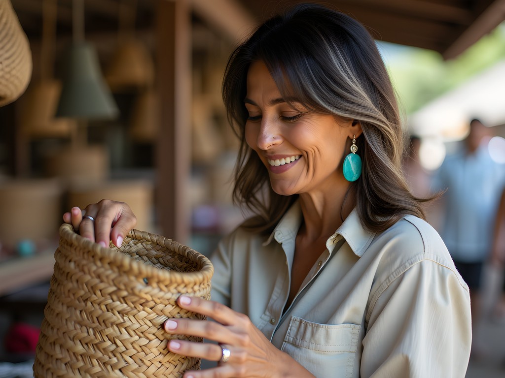 Traveler examining traditional Samoan woven basket at Fagatogo Market