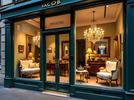 Elegant antique gallery window display on Rue Jacob in Paris