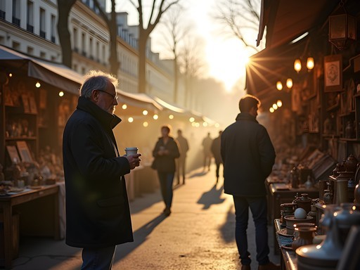 Early morning at Marché aux Puces de Vanves with vendors setting up displays