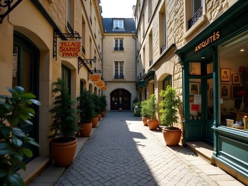 Stone courtyard with antique shops at Village Saint-Paul in Paris