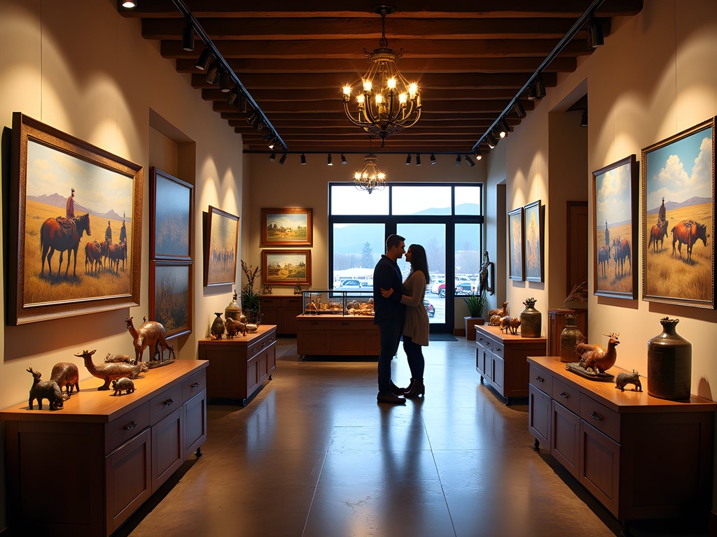 Elegant art gallery in Park City with couples browsing contemporary Western artwork